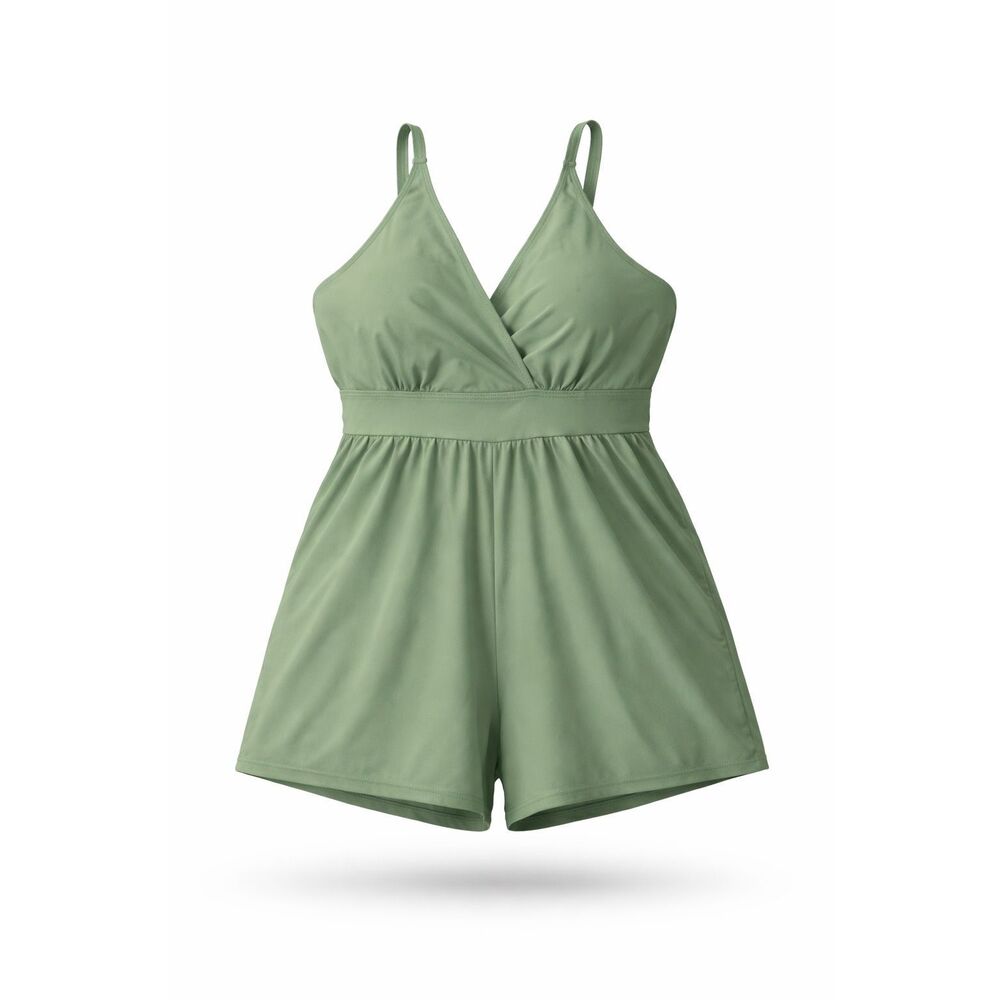 BloomChic 22-24 Sage Green Swim Romper One Piece Shorts Swimsuit Pockets